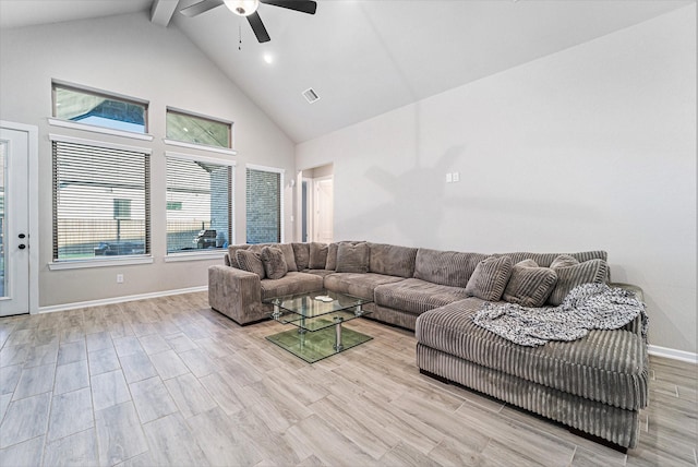 living room with ceiling fan, beamed ceiling, high vaulted ceiling, and light hardwood / wood-style floors