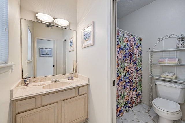 bathroom featuring walk in shower, tile patterned floors, a textured ceiling, toilet, and vanity