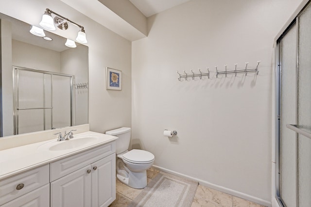 bathroom with tile patterned flooring, vanity, toilet, and an enclosed shower