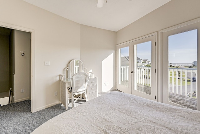 carpeted bedroom with ceiling fan, access to exterior, and french doors