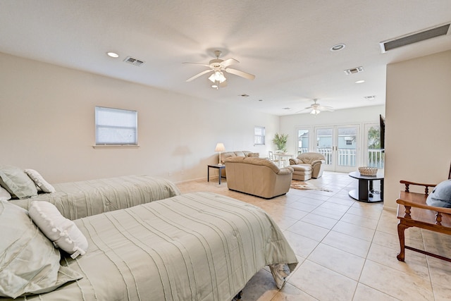 tiled bedroom with ceiling fan, french doors, access to outside, and multiple windows