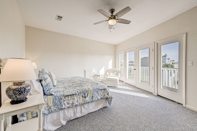 bedroom featuring access to exterior, carpet floors, ceiling fan, and lofted ceiling