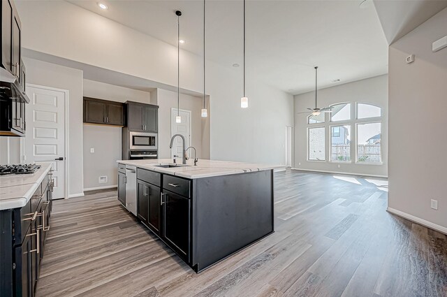 451 Papershell Path, Richmond, TX 77406 - kitchen featuring ceiling fan, light wood finished floors, stainless steel appliances, an island with sink, and a towering ceiling