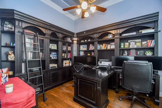 office area featuring ceiling fan, dark hardwood / wood-style flooring, and ornamental molding