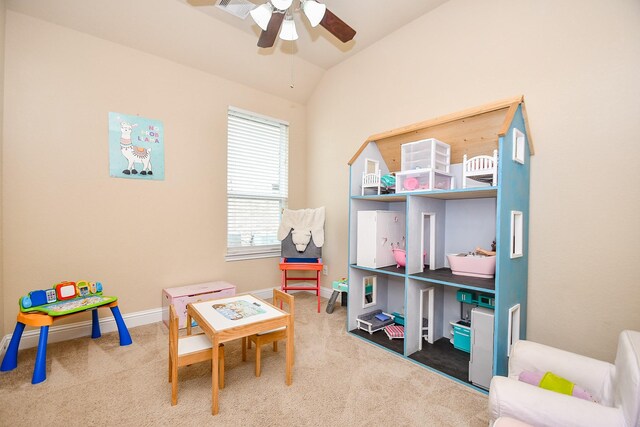 rec room with carpet, ceiling fan, and lofted ceiling