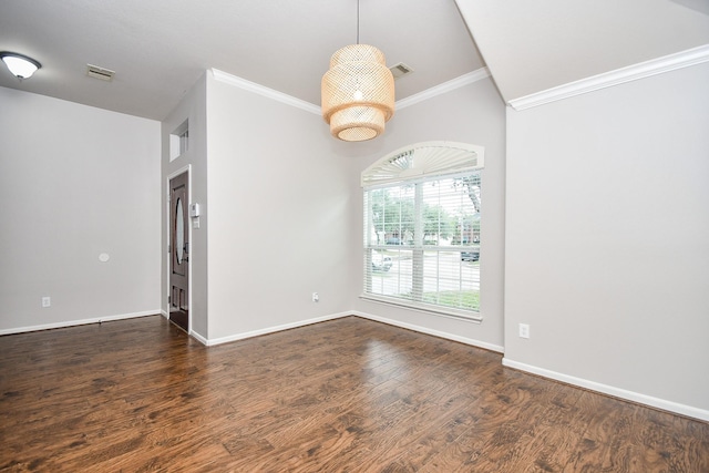 unfurnished room with crown molding and dark wood-type flooring