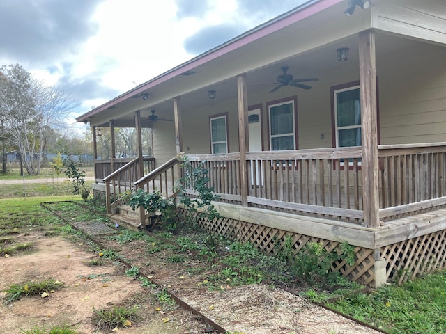 doorway to property with a porch and ceiling fan