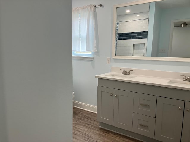 bathroom with vanity, wood-type flooring, and a shower with shower curtain