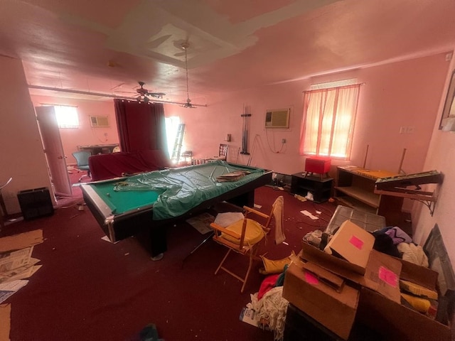 playroom featuring ceiling fan, an AC wall unit, and billiards