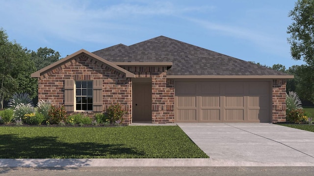 ranch-style home featuring a garage and a front lawn