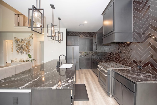 kitchen featuring backsplash, high end appliances, sink, pendant lighting, and dark stone countertops