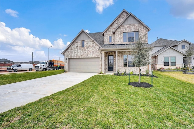 craftsman inspired home featuring a garage and a front yard