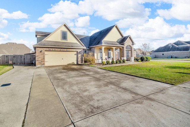 view of front of property featuring a porch, a garage, and a front lawn