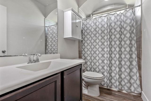 bathroom with walk in shower, hardwood / wood-style floors, vanity, and toilet