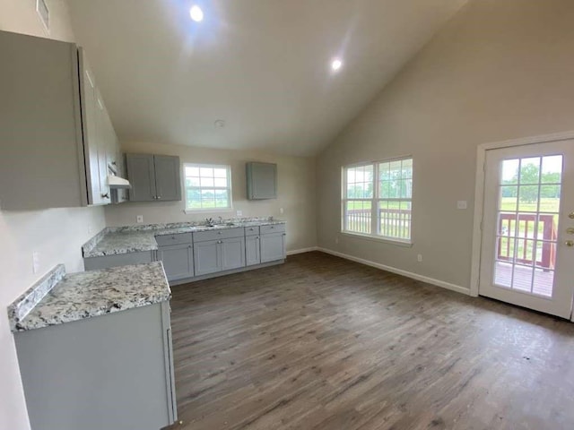 kitchen with gray cabinets, a healthy amount of sunlight, dark wood-type flooring, and high vaulted ceiling