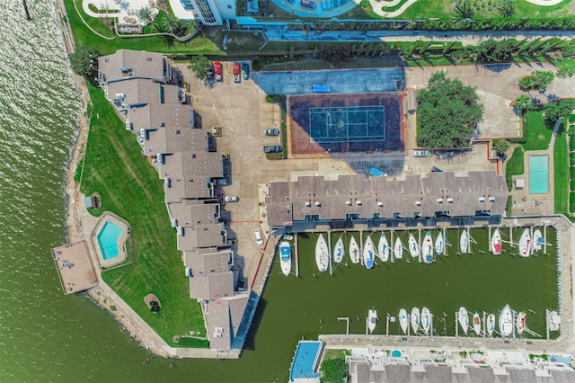 birds eye view of property featuring a water view