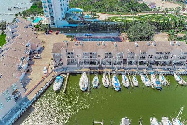 birds eye view of property featuring a water view