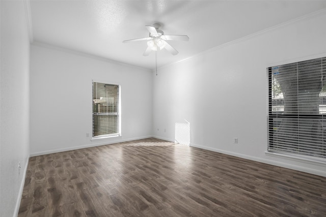 unfurnished room with ceiling fan, dark wood-type flooring, and ornamental molding