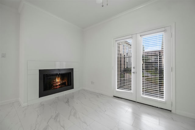 unfurnished living room with ornamental molding