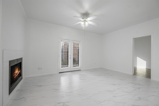 unfurnished living room featuring french doors, ceiling fan, and crown molding