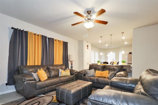 living room with ceiling fan