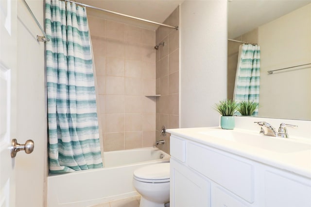 full bathroom featuring vanity, toilet, and shower / bathtub combination with curtain