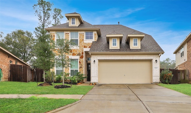 view of front of house with a garage and a front lawn