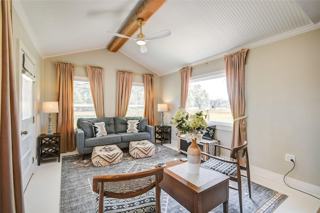 sitting room with vaulted ceiling with beams, ceiling fan, and crown molding