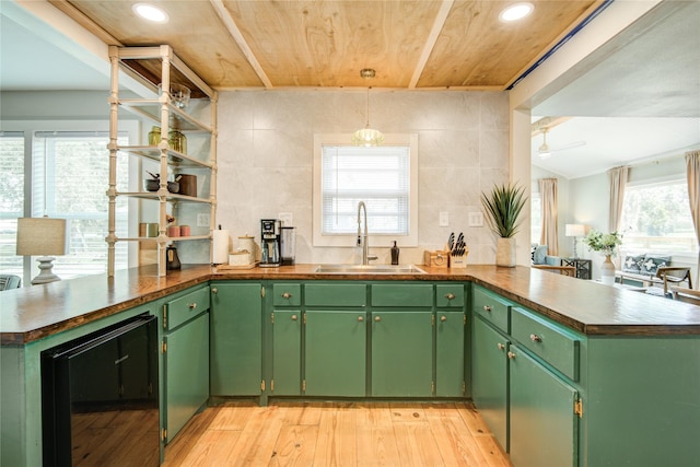 kitchen featuring green cabinets, sink, kitchen peninsula, and a healthy amount of sunlight