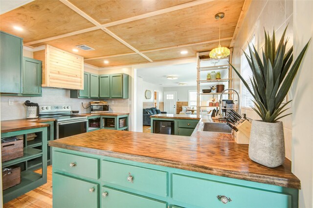 kitchen with wood counters, green cabinets, sink, light hardwood / wood-style flooring, and stainless steel appliances