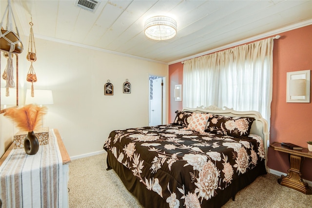 carpeted bedroom featuring ornamental molding and wood ceiling