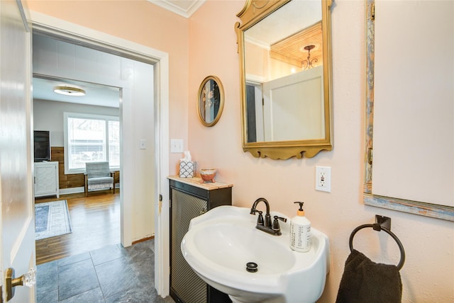 bathroom featuring sink, hardwood / wood-style floors, and ornamental molding