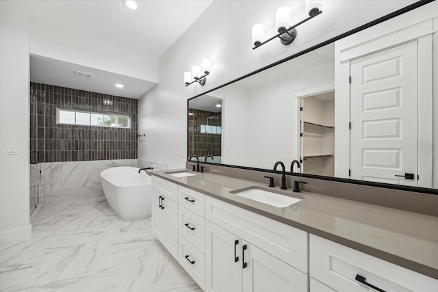 bathroom featuring vanity and separate shower and tub