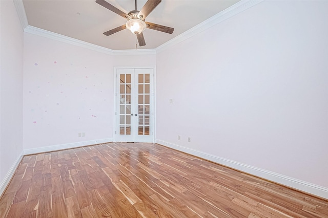 unfurnished room featuring french doors, light hardwood / wood-style flooring, ceiling fan, and ornamental molding