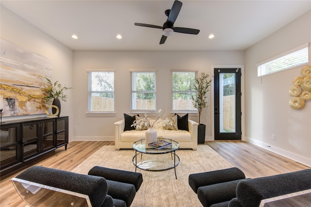 living room with ceiling fan and light wood-type flooring