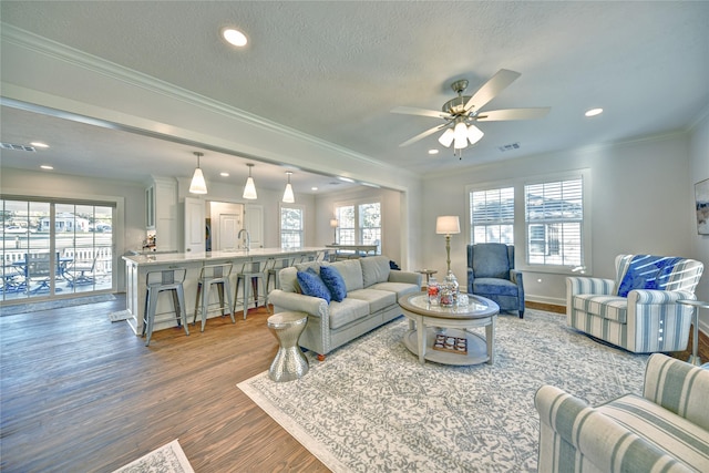 living room featuring a textured ceiling, ornamental molding, dark wood-type flooring, and a wealth of natural light