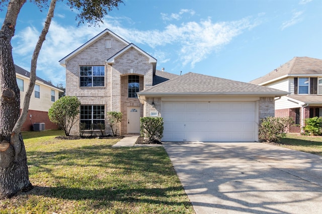 front of property featuring central AC unit, a garage, and a front yard