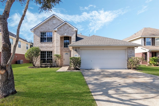 view of property with a front yard, central AC, and a garage