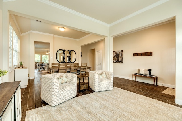 living room featuring dark hardwood / wood-style floors and ornamental molding