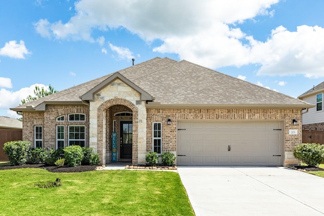 view of front of home featuring a front yard and a garage