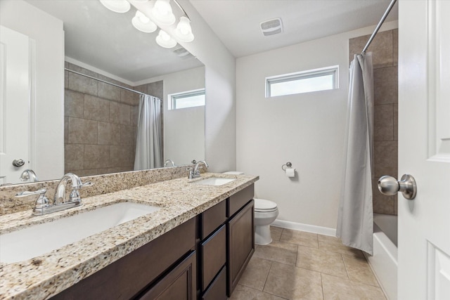 full bathroom with shower / bathtub combination with curtain, plenty of natural light, vanity, and toilet