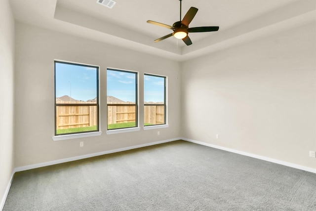 empty room featuring carpet flooring, a raised ceiling, and ceiling fan