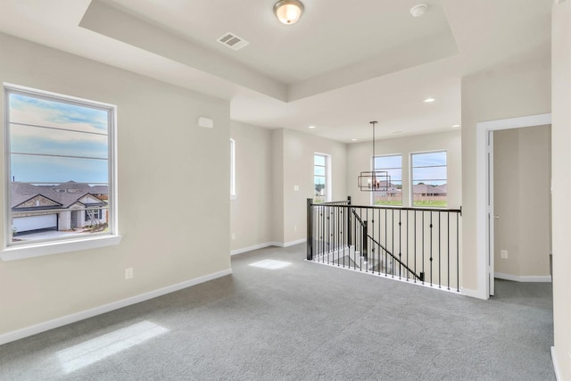 spare room with carpet floors and a tray ceiling