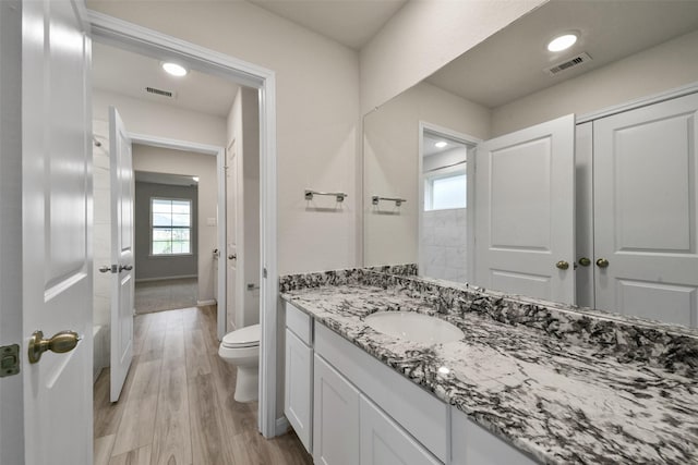 bathroom with vanity, wood-type flooring, and toilet