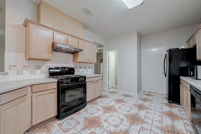 kitchen featuring decorative backsplash, light brown cabinets, light tile patterned floors, and black appliances