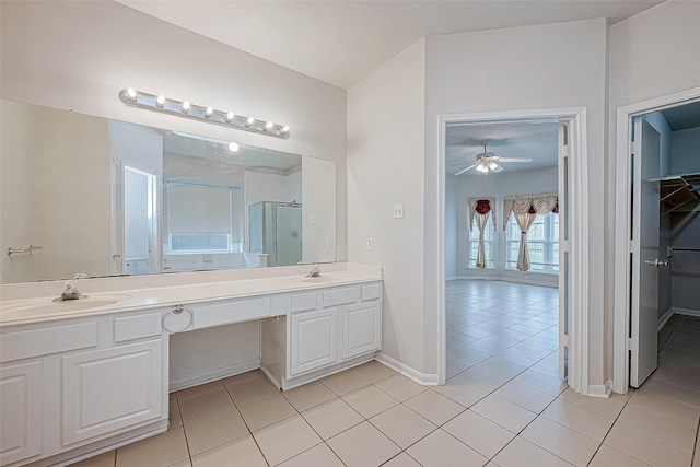 bathroom featuring tile patterned flooring, vanity, ceiling fan, and an enclosed shower