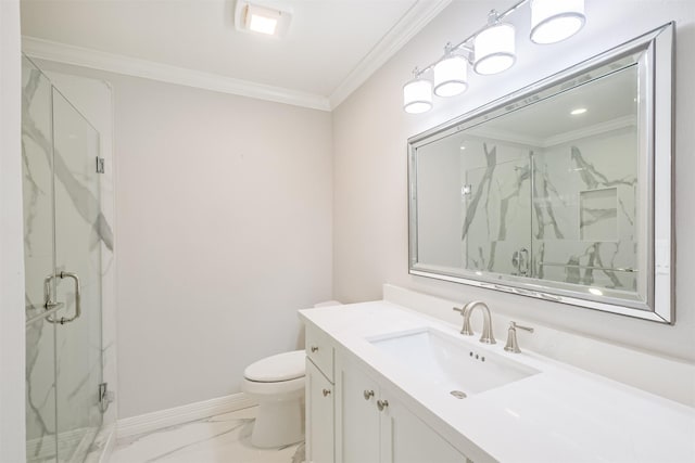 bathroom featuring vanity, toilet, a shower with shower door, and crown molding