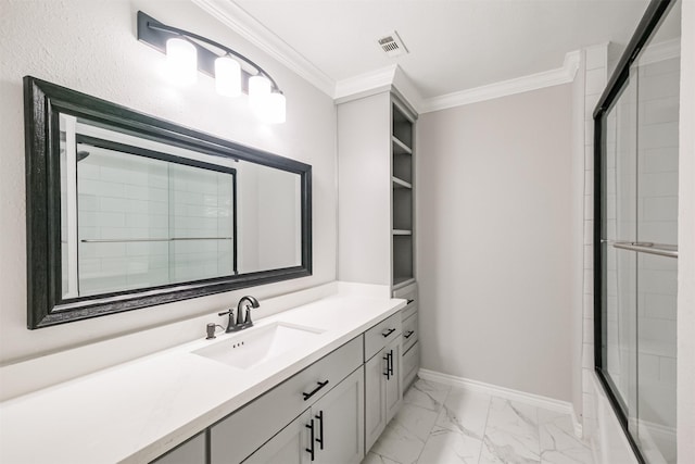 bathroom featuring vanity, enclosed tub / shower combo, and crown molding