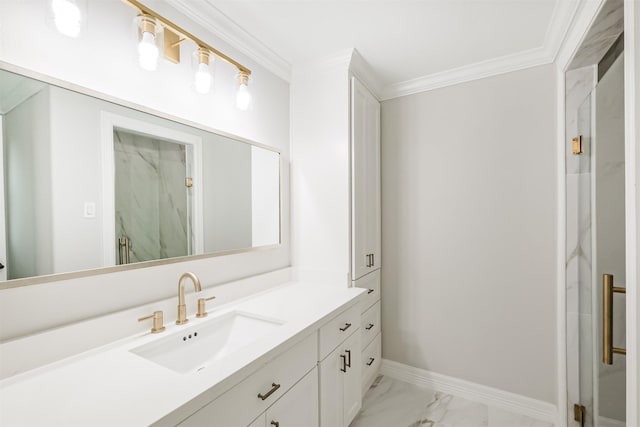 bathroom with vanity, ornamental molding, and a shower with door