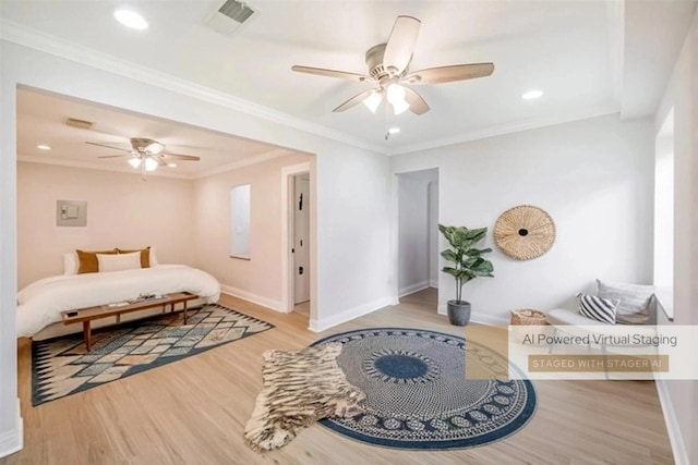 bedroom with ceiling fan, light hardwood / wood-style floors, and ornamental molding